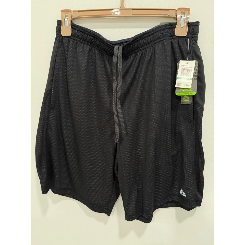 RBX Active Mens Training Shorts Black Graphite X-Dri Wicking 9 Inch Inseam L NWT